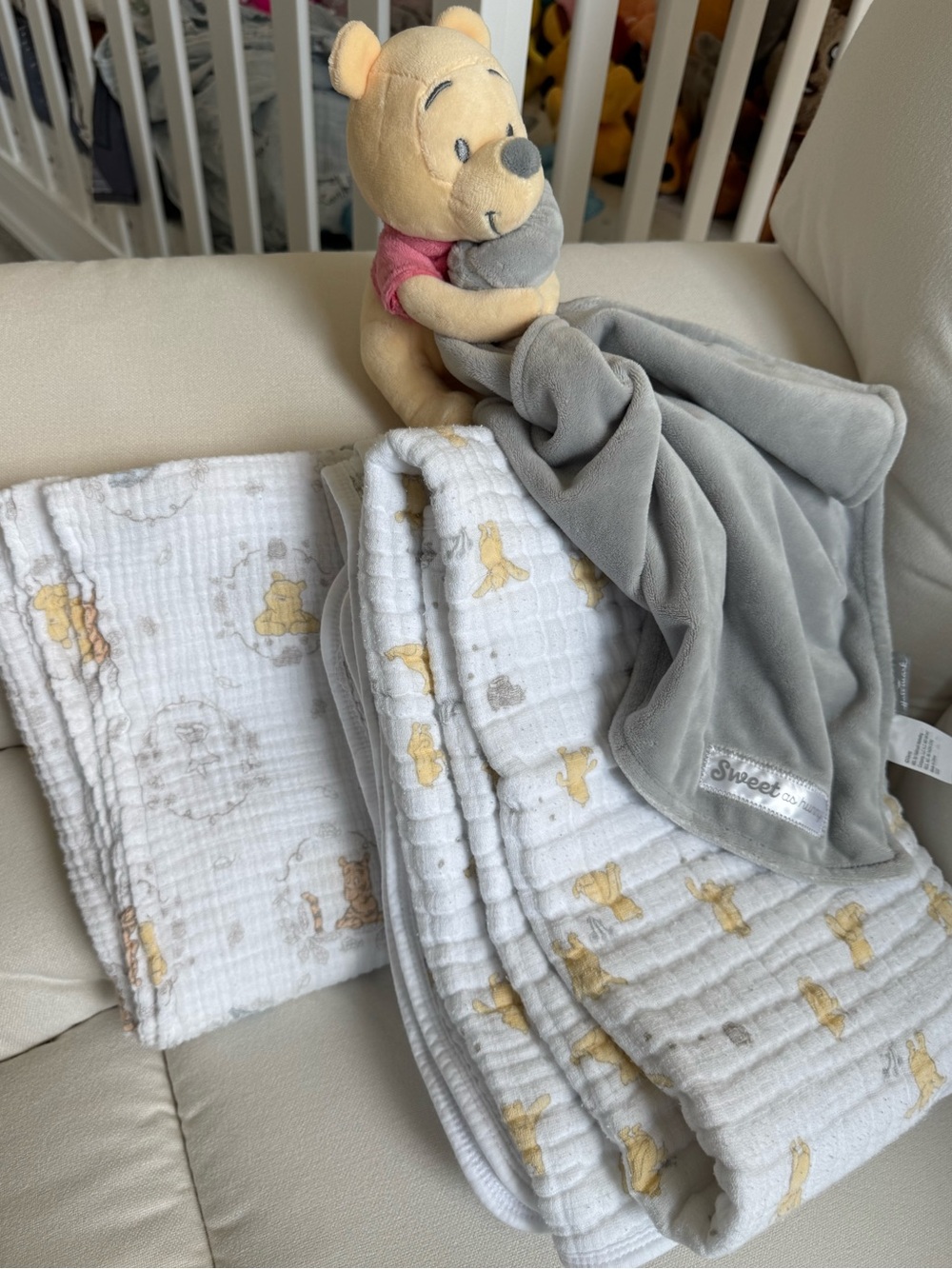 Baby Winnie The Pooh Nursery Set Plush Lovey White Muslin Swaddle & Blanket